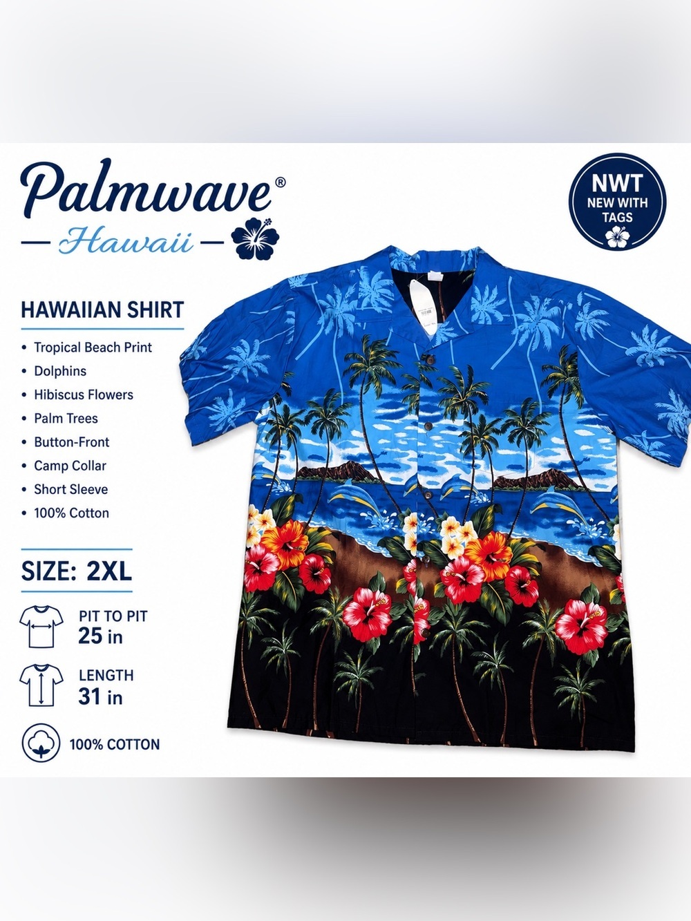 Palmwave Hawaii Hawaiian Shirt 2XL Tropical Beach Dolphins Hibiscus NWT Cotton
